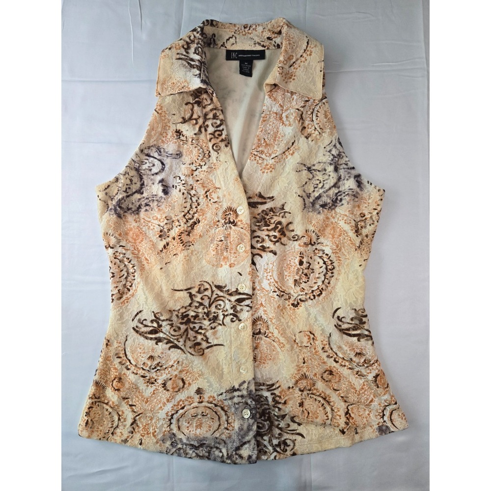 Sleeveless Lace Blouse Size M Neutral Abstract Boho Print Button Front Collared